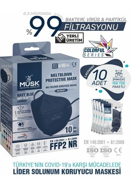MUSK Maske N95 FFP2 Meltblown Koruyucu Maske 40 Adet (Lacivert)