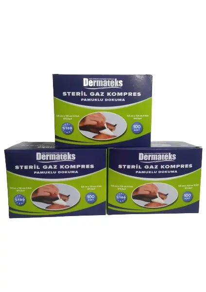 Dermateks Steril Gazlı Bez Gaz Kompres 7.5 * 7.5 cm 4 Kat 100'LÜ 3 Kutu