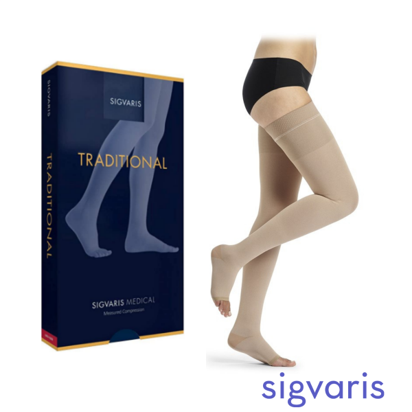 Sigvaris Tradational 504 Serisi Kasığa Kadar Silikonlu CCL3 Yüksek Basınç Varis Çorabı | Doğal Kauçuk Çift Kat Örgü